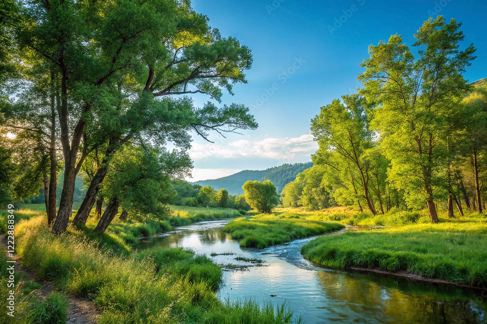 Fototapeta premium Serene river flowing through lush green landscape under a vibrant blue sky.