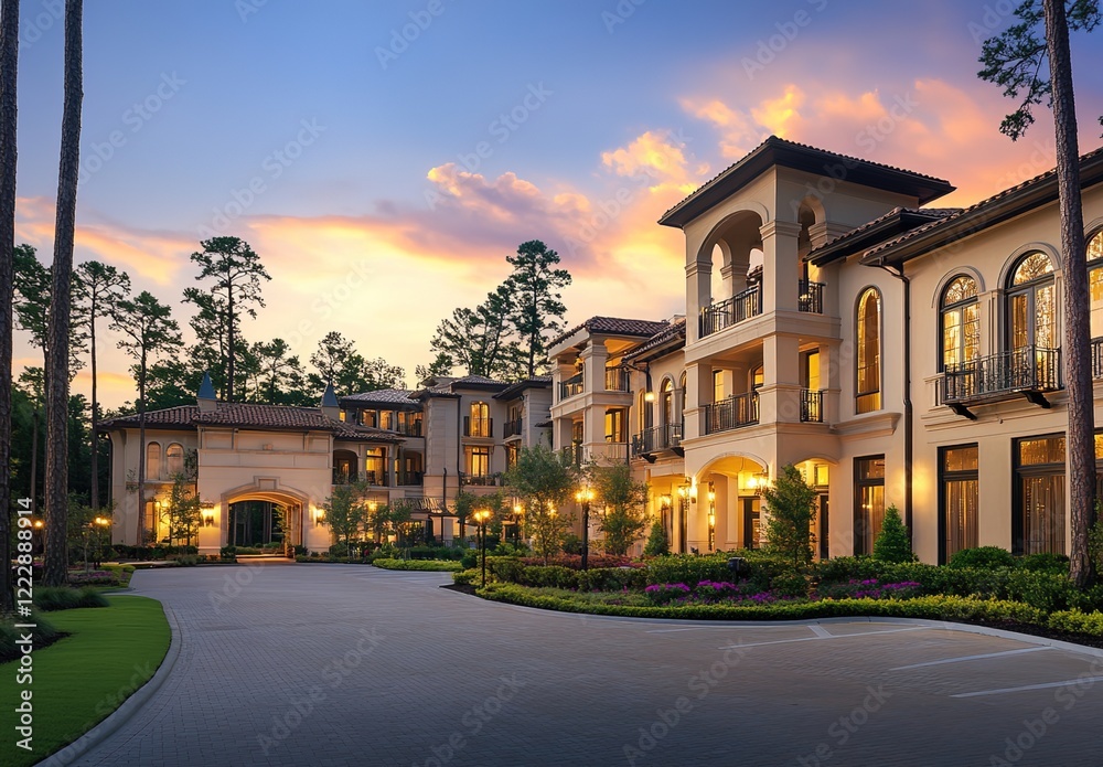 Fototapeta premium A stunning photograph of the exterior of an apartment complex in The Woodlands, Texas, at sunset.