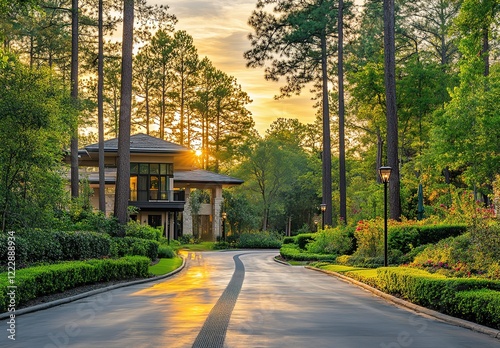 A stunning photograph of the exterior of an apartment complex in The Woodlands, Texas, at sunset.