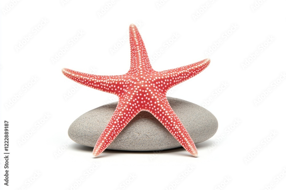 Close-up of a vibrant red starfish resting on a smooth gray stone against a white background Close-up of a vibrant red starfish resting on a smooth gray stone against a white background