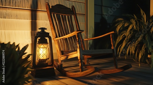 Classic antique wooden rocking chair on a porch with a vintage lantern beside it casting a soft glow
