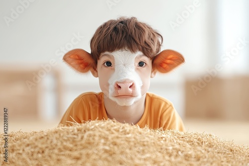 Child with cow mask resting on straw in a bright farm setting, showcasing playful innocence