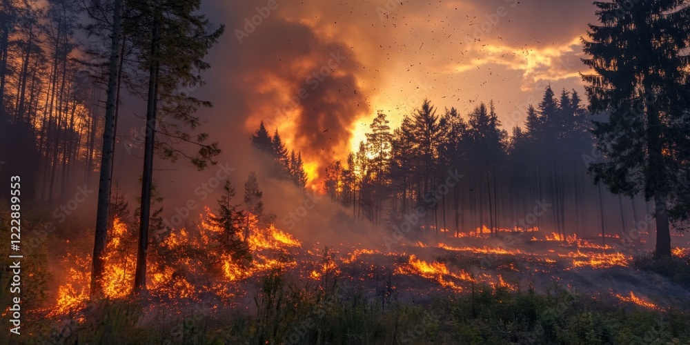 Forest fire raging through dense woodland with flames and smoke clouds at sunset Forest fire raging through dense woodland with flames and smoke clouds at sunset