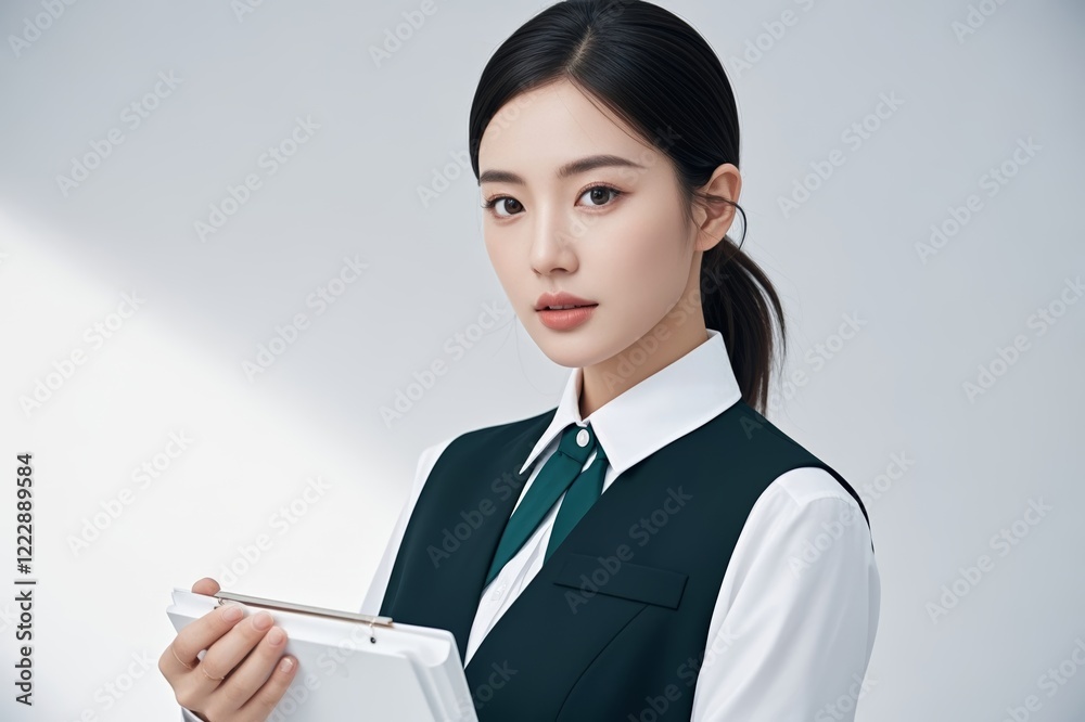 there is a woman in a suit holding a tablet computer there is a woman in a suit holding a tablet computer