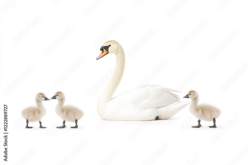 Obraz premium A serene scene featuring a swan and its cygnets in a minimalist setting, highlighting family bonds