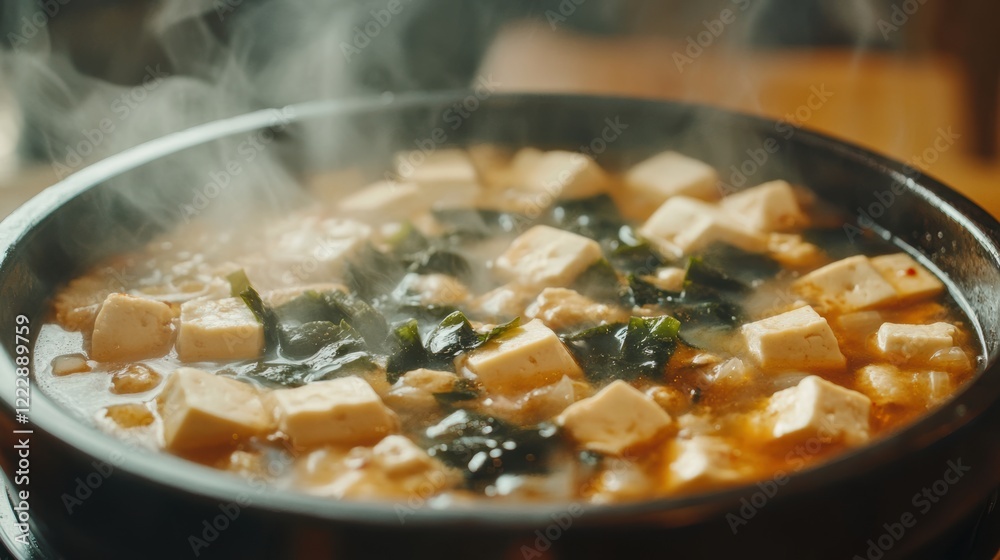 A bowl of soup with tofu and seaweed. A bowl of soup with tofu and seaweed.