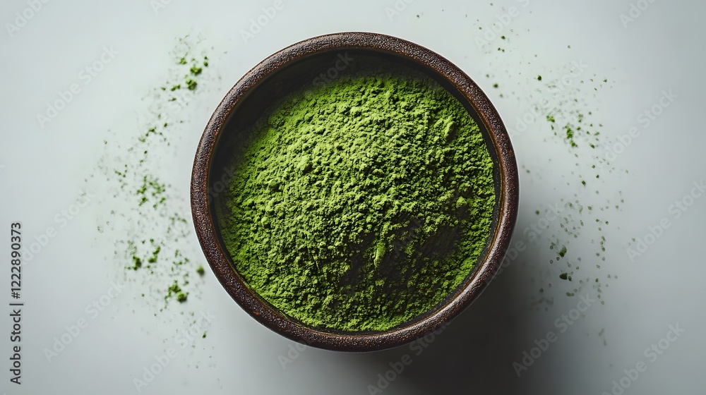 Premium matcha powder showcases vibrant green color and fine texture in aerial view, highlighting traditional Japanese tea qualities through detailed particle visualization. Premium matcha powder showcases vibrant green color and fine texture in aerial view, highlighting traditional Japanese tea qualities through detailed particle visualization.