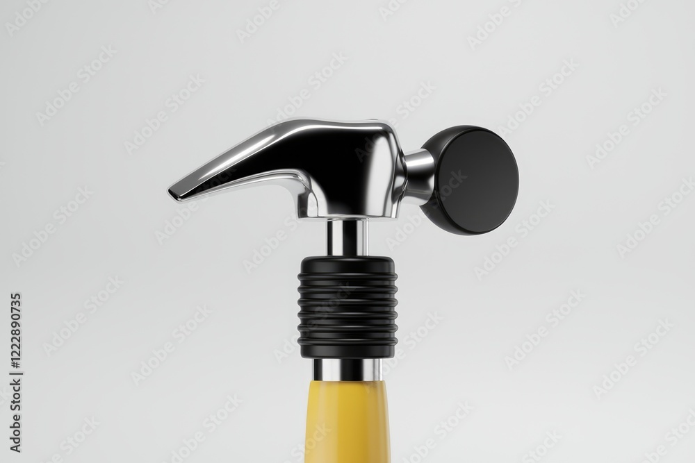 A sleek, modern hammer with a chrome head, black grip, and yellow handle. A sleek, modern hammer with a chrome head, black grip, and yellow handle.