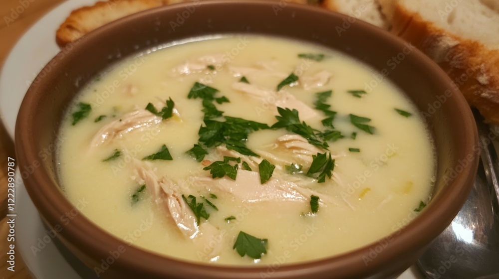 A Bowl of Avgolemono, a Greek Lemon Chicken Soup, Creamy and Silky, Garnished with Fresh Parsley and Served with Crusty Bread A Bowl of Avgolemono, a Greek Lemon Chicken Soup, Creamy and Silky, Garnished with Fresh Parsley and Served with Crusty Bread