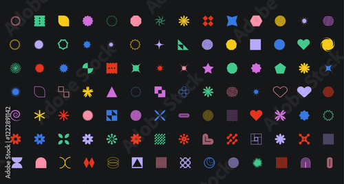 Set of colorful brutalist geometric shapes Trendy minimalist basic figures Modern graphic design element on black background Vector illustration