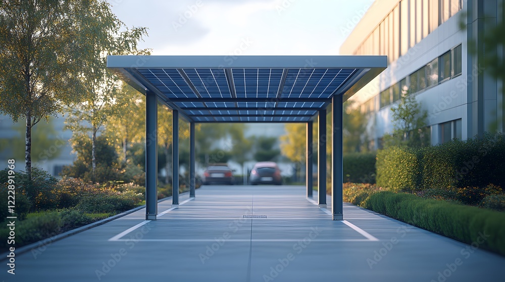 Solar-powered parking carport features modern sustainable design with blue photovoltaic panels, backed by commercial building. Metal structure supports panels over parking area Solar-powered parking carport features modern sustainable design with blue photovoltaic panels, backed by commercial building. Metal structure supports panels over parking area