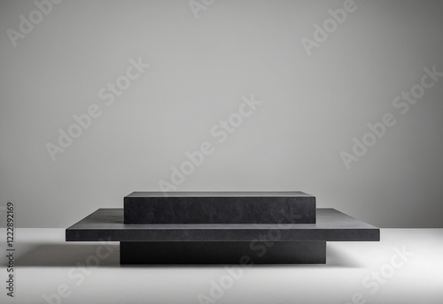 Dark gray rectangular podium on a white background, sharp edges, minimalist