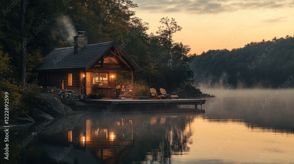 Fototapeta premium Sunrise lake cabin, misty dawn, tranquil retreat