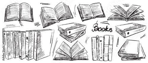Stacks of books, reading process, opened books with pages. Go back to school, library atmosphere in brush stroke texture. Hand drawn vector sketch illustration in vintage charcoal ink style