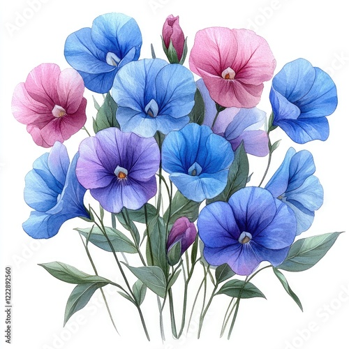 A vibrant bouquet of sweet peas in various shades of blue and pink, symbolizing beauty and grace