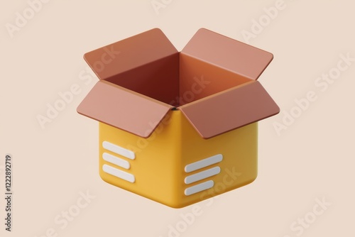 A 3D rendered image of an open yellow cardboard box, possibly depicting delivery, packaging, or online shopping.