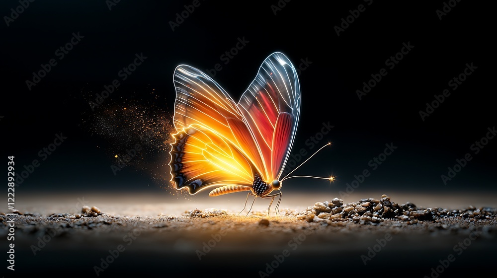 Fototapeta premium A neon-lit butterfly with holographic wings fluttering in a digital forest, ultra-realistic, photo-realistic, highly detailed, 