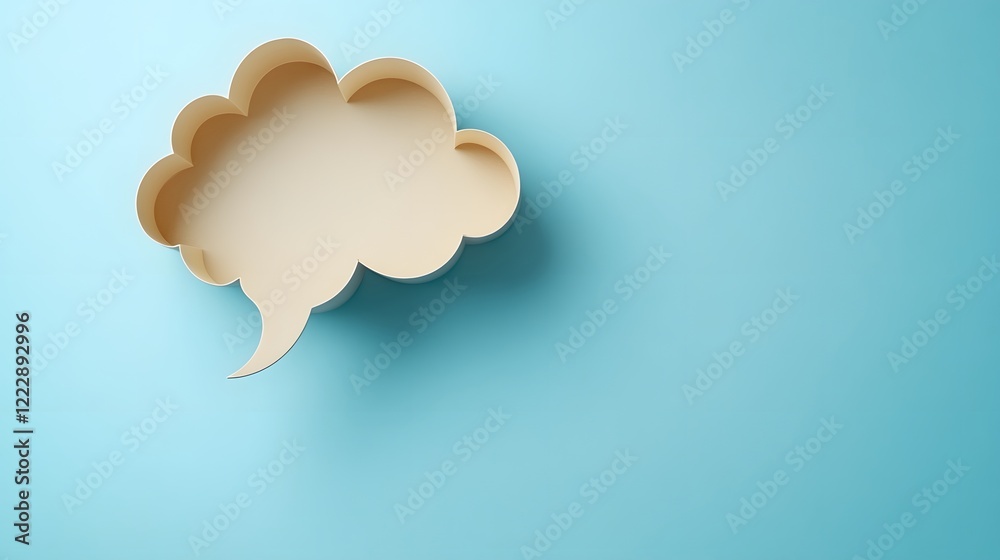 Light blue background features speech bubble cutout in paper craft style, presenting communication concept with beige balloon shape and soft shadow effects. Light blue background features speech bubble cutout in paper craft style, presenting communication concept with beige balloon shape and soft shadow effects.