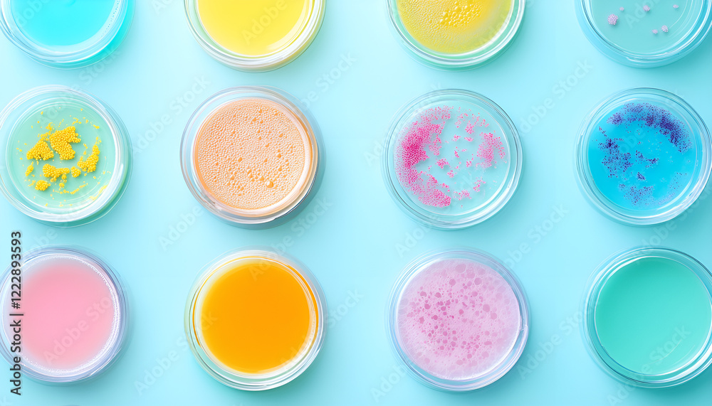 Petri dishes with different bacteria colonies on light blue background, closeup Petri dishes with different bacteria colonies on light blue background, closeup