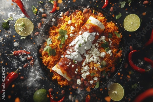 Surrealistic mexican fiesta plate with burrito and spicy garnishes photo