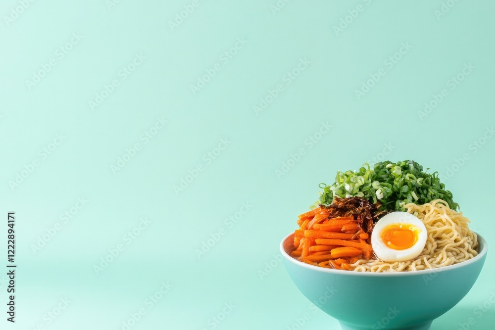 Colorful bowl filled with fresh vegetables, noodles, and soft-bo Colorful bowl filled with fresh vegetables, noodles, and soft-bo
