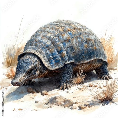 Detailed illustration of a tortoise walking on sandy terrain, surrounded by sparse grass and rocks