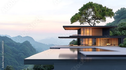 A luxury hilltop villa blueprint with a 3D model, overlooking a valley, ultra-realistic, photo-realistic, highly detailed, 