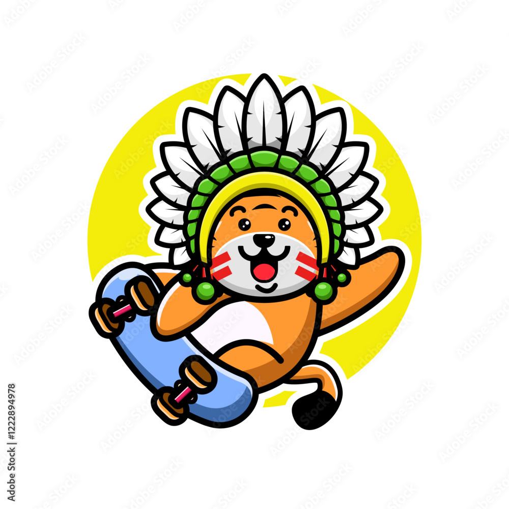 A cute tiger wearing a feathered headdress skateboarding A cute tiger wearing a feathered headdress skateboarding