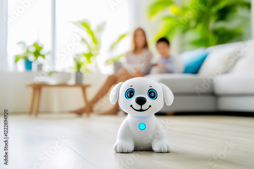 Cute interactive robot dog engaging children in a bright living room during the day photo