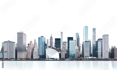 Manhattan skyline with United Nations building and skyscrapers, isolated on white background