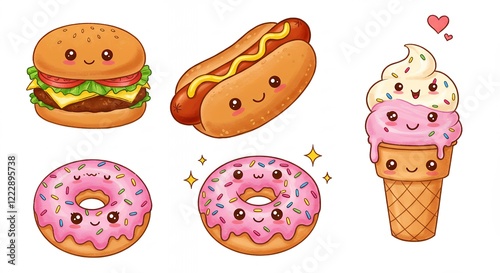 Cute Kawaii Fast Food Characters Burger Hot Dog Ice Cream Donuts photo