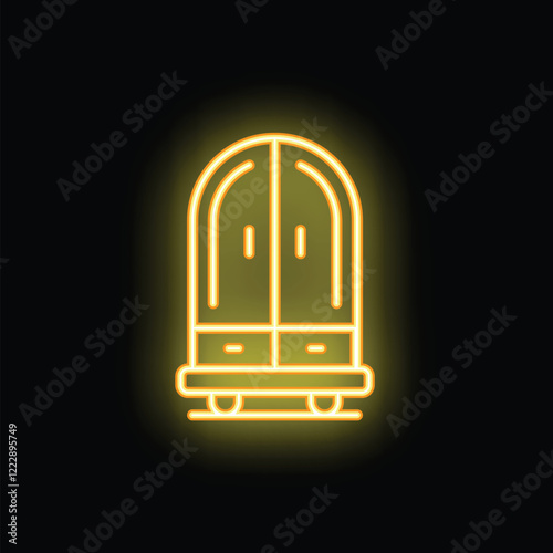 Yellow neon icon of a wardrobe glowing on a dark background