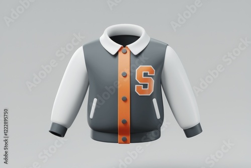 A 3D rendering of a gray and white varsity jacket with an orange 'S' logo. photo