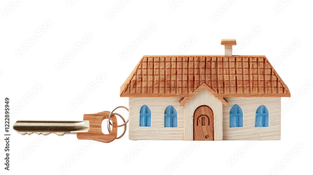 Wooden house model with key symbolizes home ownership Wooden house model with key symbolizes home ownership