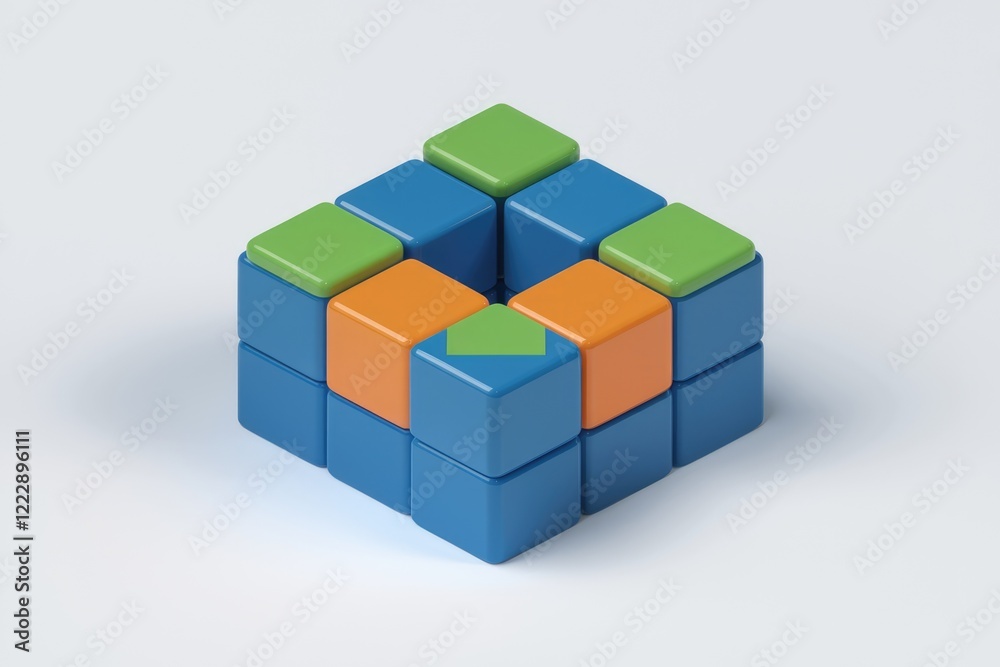 Colorful blocks arranged in a cube shape with a central void, showcasing a design pattern. Colorful blocks arranged in a cube shape with a central void, showcasing a design pattern.