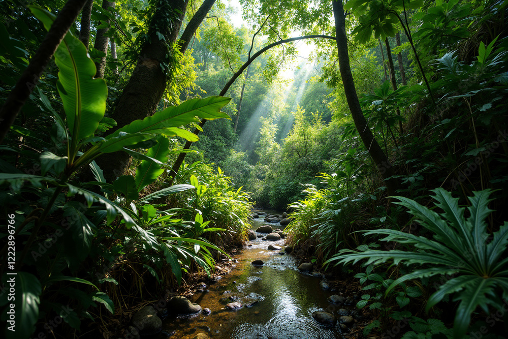 Fototapeta premium Sunlit jungle canopy with winding stream