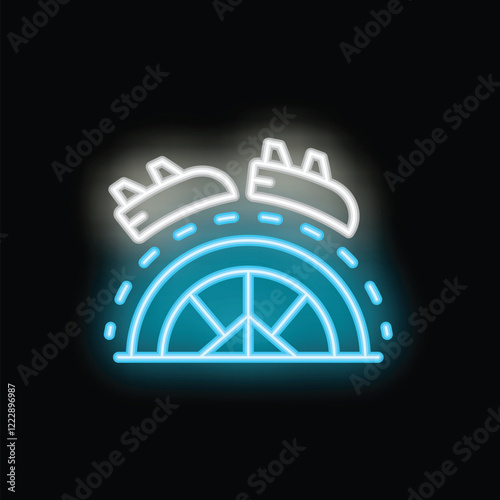 Bright neon sign representing a rollercoaster passing through a ferris wheel, on black background
