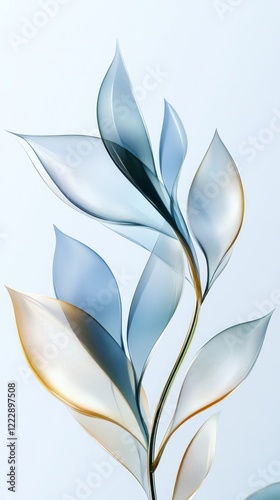 Abstract Floral Art: Delicate Transparent Leaves in Blue and Gold Tones