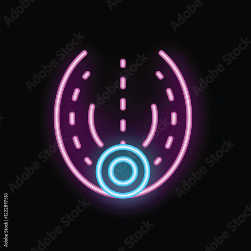 Glowing neon icon of a self driving vehicle using sensors and artificial intelligence to navigate roads safely and efficiently