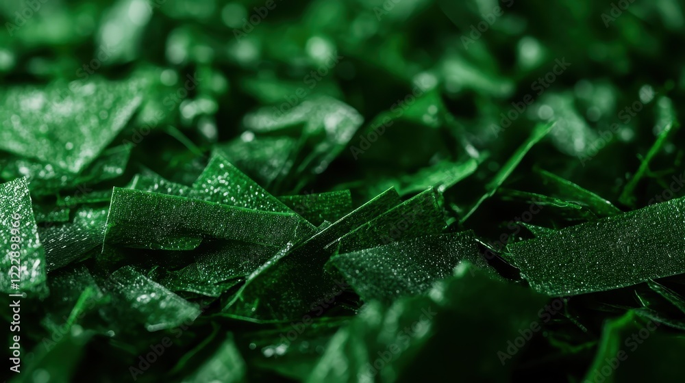 A close-up view of vibrant green shredded glass pieces, showcasing their unique textures, colors, and the way they catch light, creating an intriguing abstract composition. A close-up view of vibrant green shredded glass pieces, showcasing their unique textures, colors, and the way they catch light, creating an intriguing abstract composition.