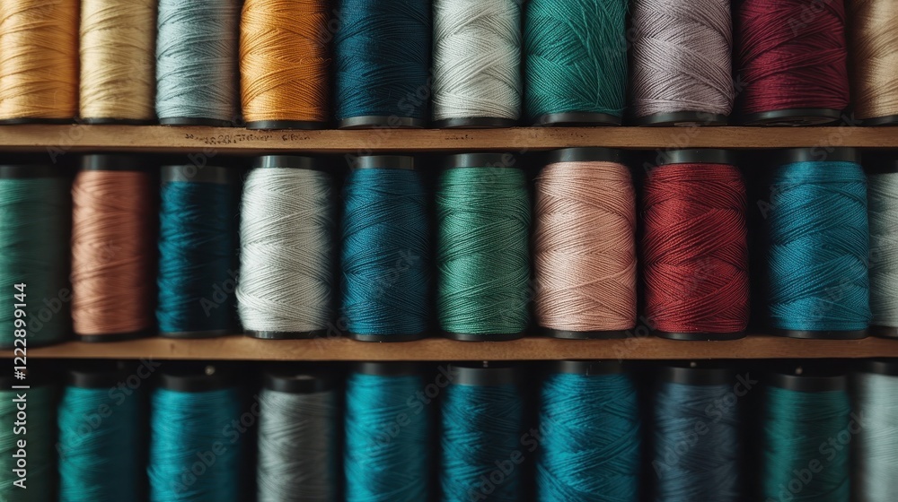 This striking image displays an assortment of spools of thread in various hues, highlighting the beauty of sewing materials and the craftsmanship involved in textile art. This striking image displays an assortment of spools of thread in various hues, highlighting the beauty of sewing materials and the craftsmanship involved in textile art.