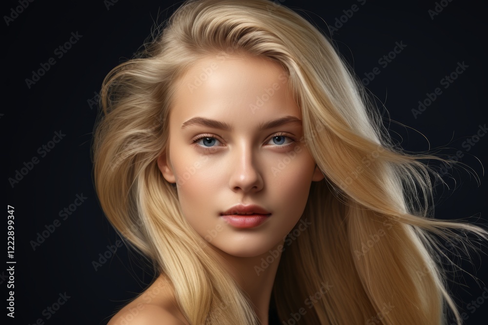 blond woman with long hair posing in studio on black background blond woman with long hair posing in studio on black background
