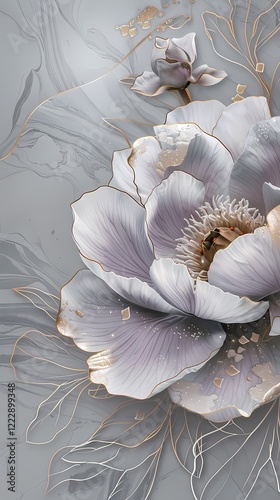 Traditional purple and gold abstract peony flower poster background