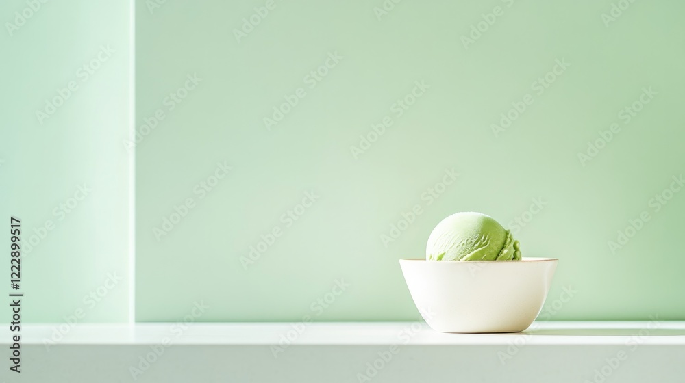 Minimalist design showcases green ice cream in white bowl agains Minimalist design showcases green ice cream in white bowl agains