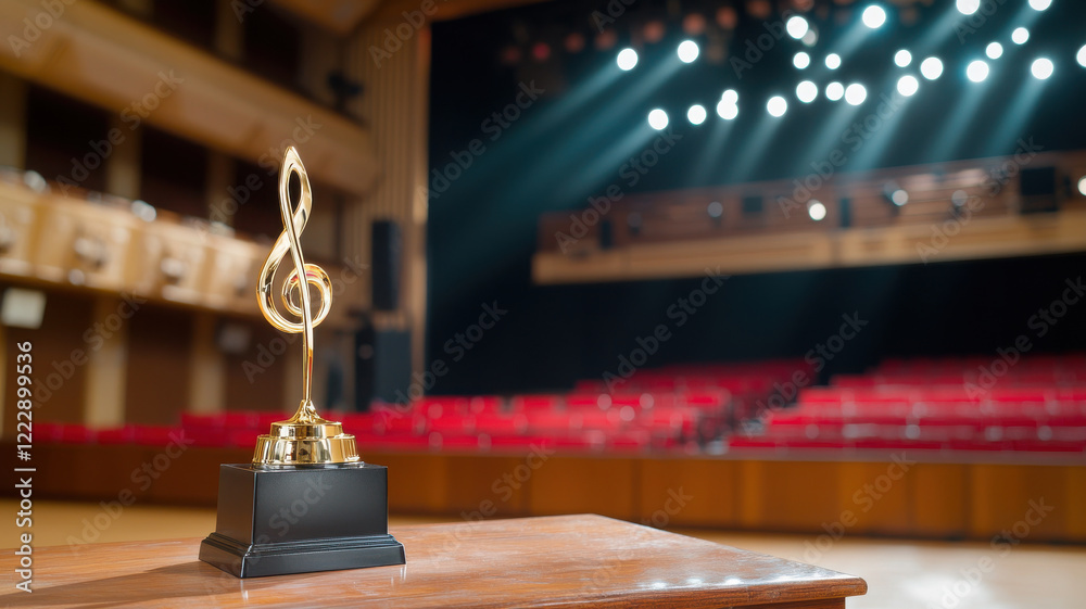 Obraz premium golden treble clef trophy on wooden table in concert hall, symbolizing musical achievement and excellence