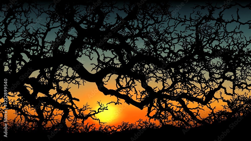 Silhouette of gnarled tree at sunset with vibrant orange and blue sky at dusk. Background is clear Silhouette of gnarled tree at sunset with vibrant orange and blue sky at dusk. Background is clear