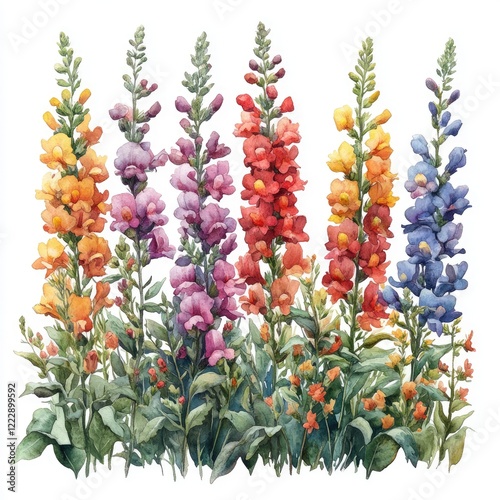 Vibrant watercolor illustration of colorful snapdragon flowers blooming in a lush garden setting