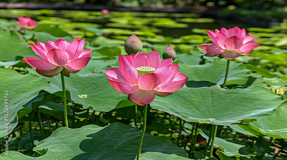 Pink lotus flowers bloom in pond with leaves and buds in daytime. Possible stock use Pink lotus flowers bloom in pond with leaves and buds in daytime. Possible stock use