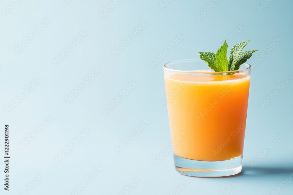 Refreshing orange drink garnished with mint leaves against soft Refreshing orange drink garnished with mint leaves against soft