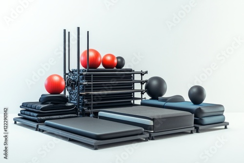Innovative Fitness Equipment Set for a Modern Workout Space.  Functional and ergonomic design for a complete health and wellness experience.  Multipurpose equipment for various training needs. photo